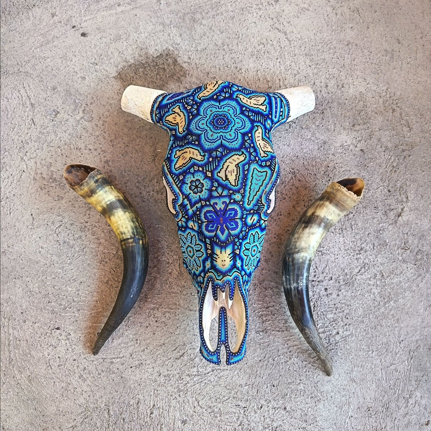 Mexican Folk Art Huichol Hand Beaded Bull Skull By Isandro Villa Lopez PP9148