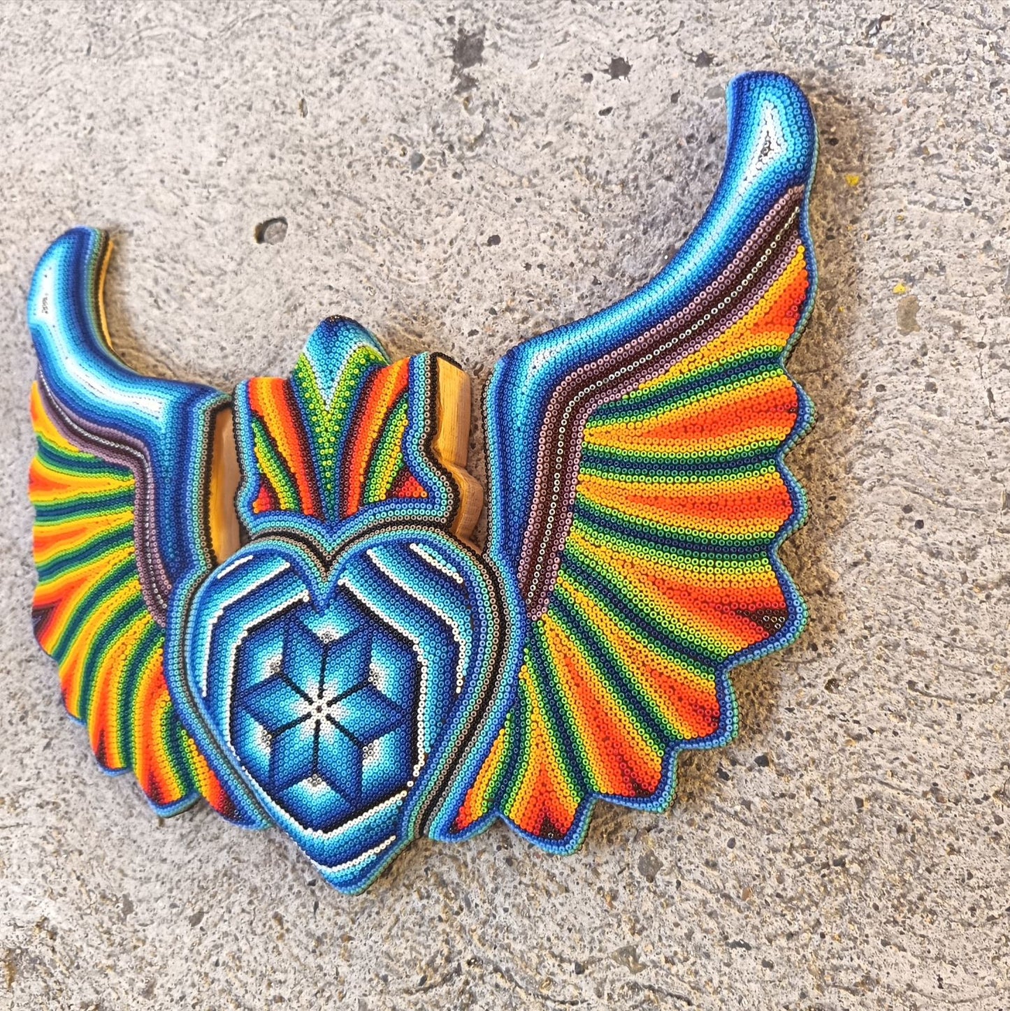 Huichol Hand Beaded Mexican Folk Art Heart with Wings By Santos Bautista PP9197 Oaxaca