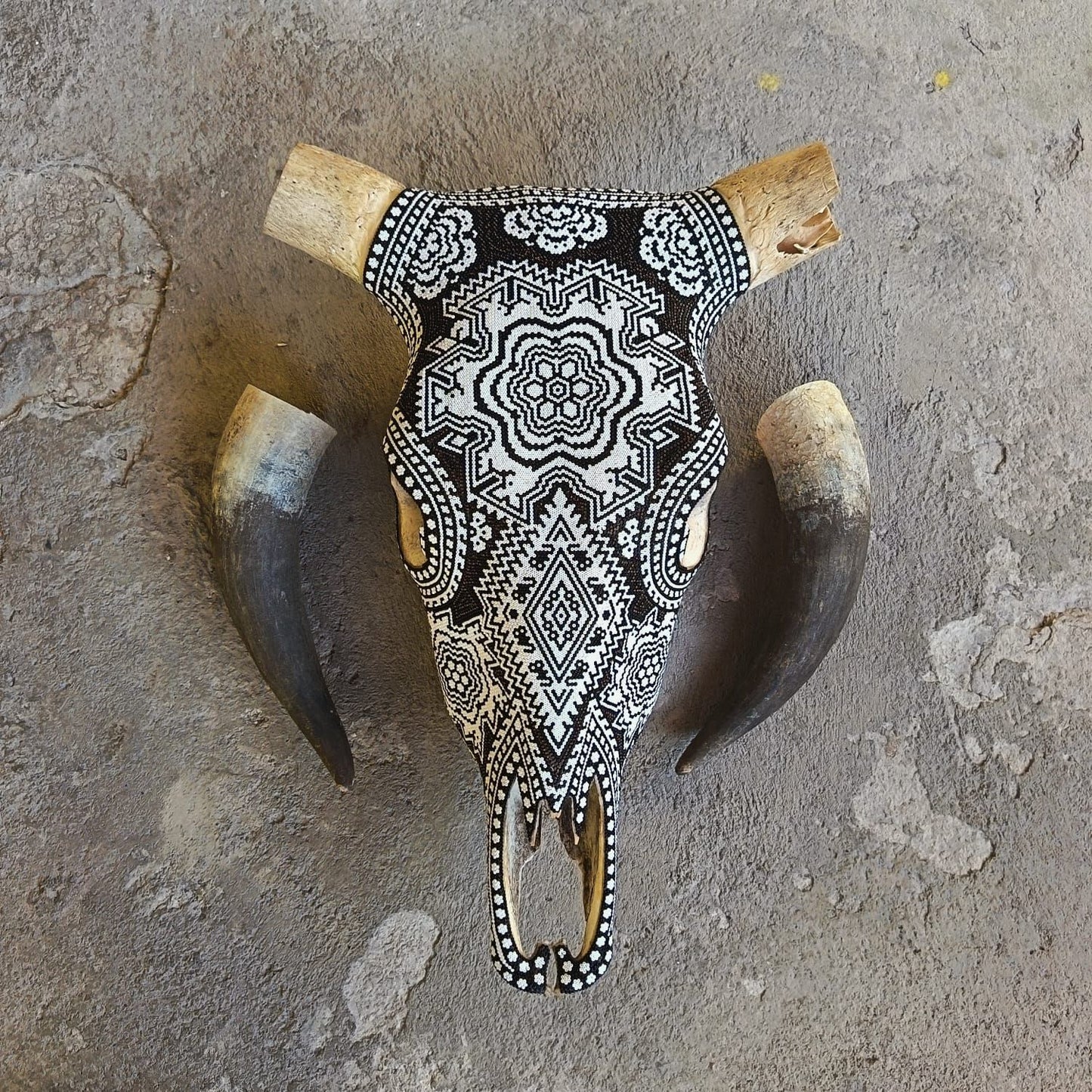 Huichol Indian Hand Beaded Bull Skull By Santos Bautista PP9200