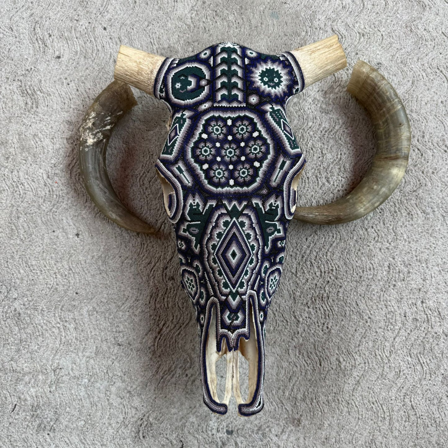 Huichol Indian Hand Beaded Mexican Folk Art Bull Skull By Honorio Villa Lopez PP9263
