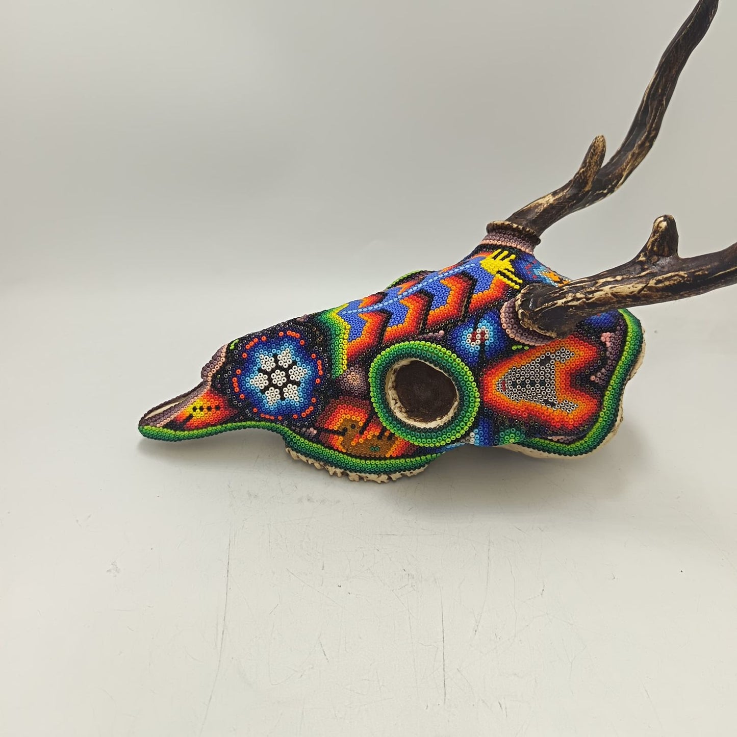 Huichol Hand Beaded Cast Resin Deer Skull By Honorio Villa Lopez PP9266