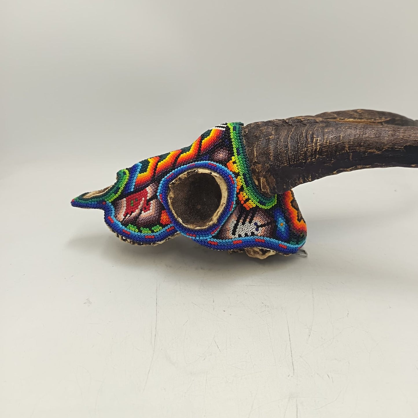 Huichol Hand Beaded Cast Resin Goat Skull By Honorio Villa Lopez PP9267
