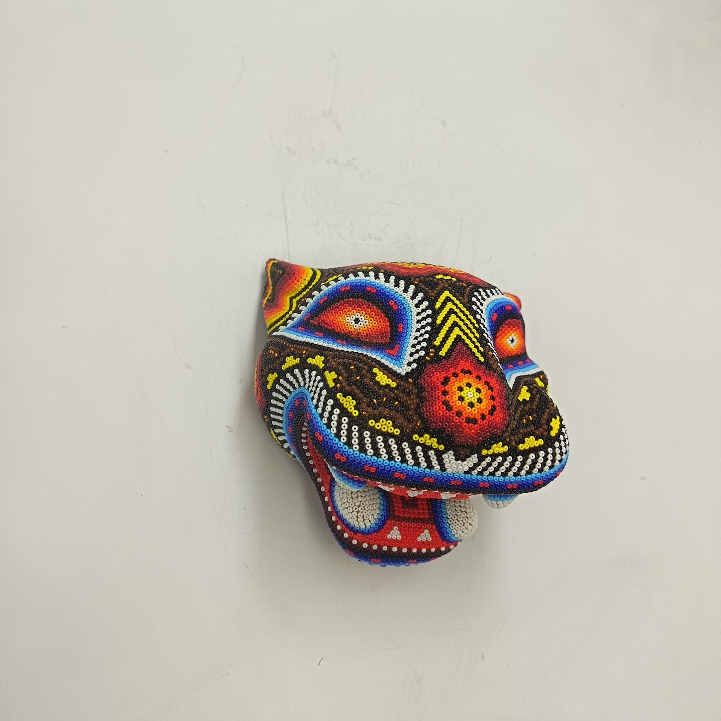 Mexican Huichol Hand Beaded Jaguar Head By Santos Bautista PP9334