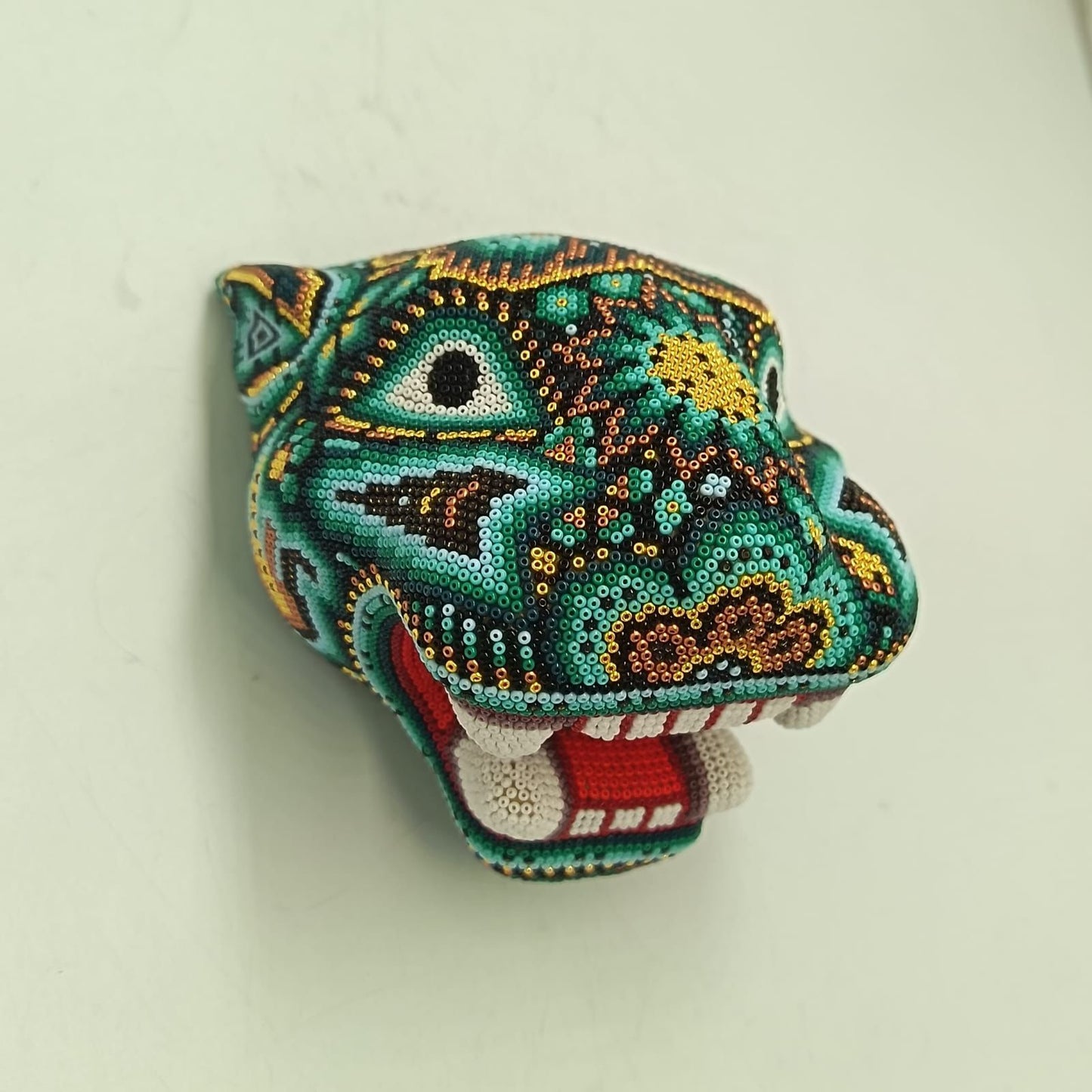 Huichol Mexican Hand Beaded Jaguar Head By Isandro Villa Lopez PP9385