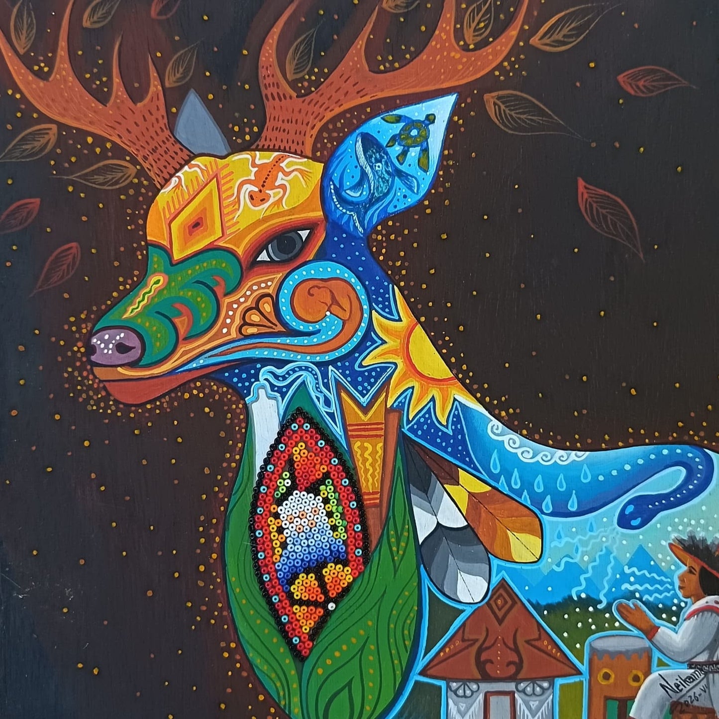 Huichol Mexican Folk Art Yarn Painting by Neikame PP9399