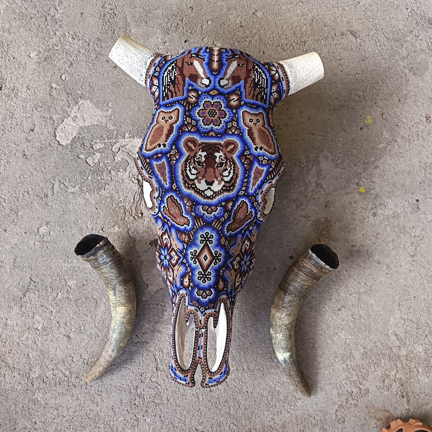 Mexican Folk Art Huichol Hand Beaded Bull Skull By Isandro Villa Lopez PP9510
