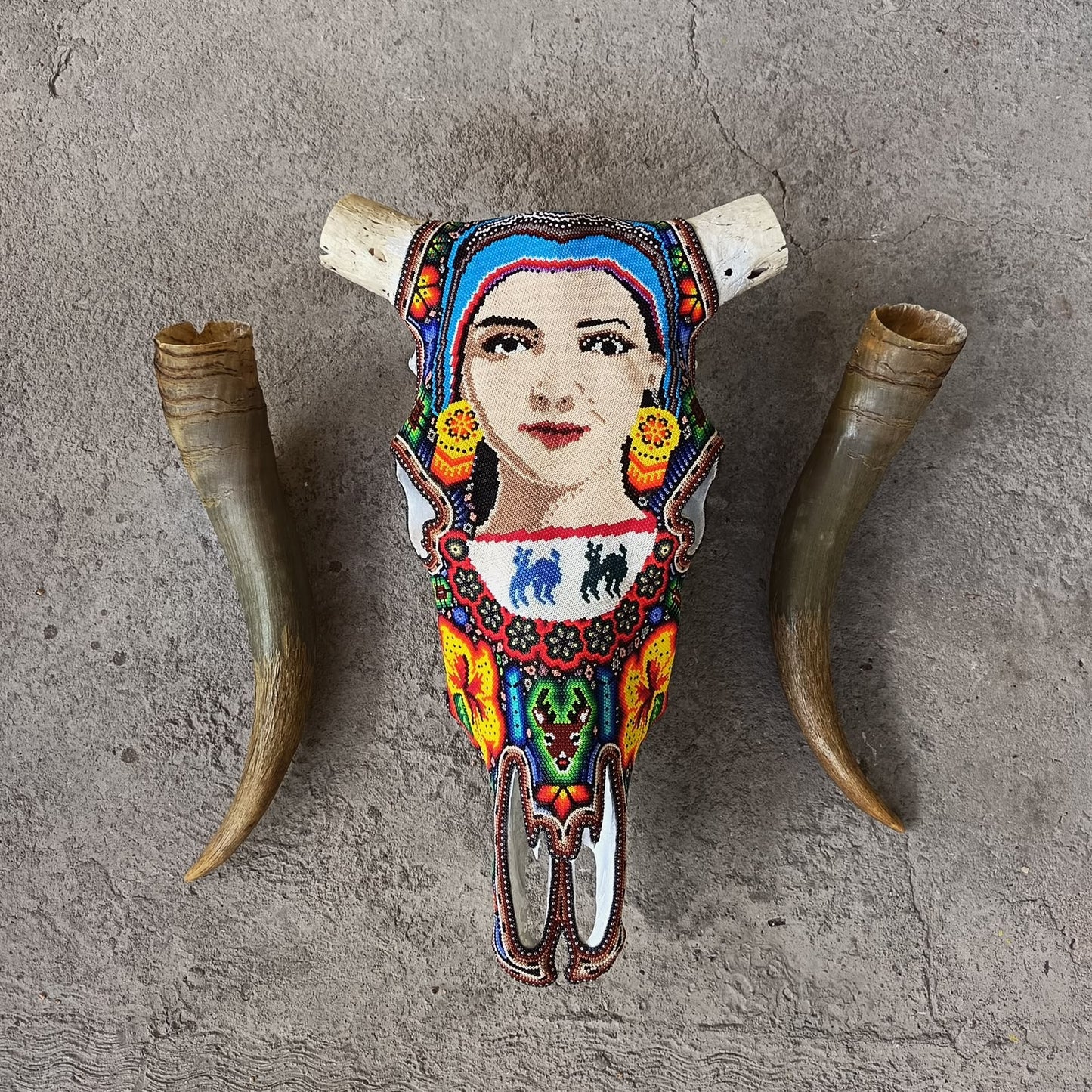 Mexican Folk Art Huichol Hand Beaded Bull Skull By Isandro Villa Lopez PP9511