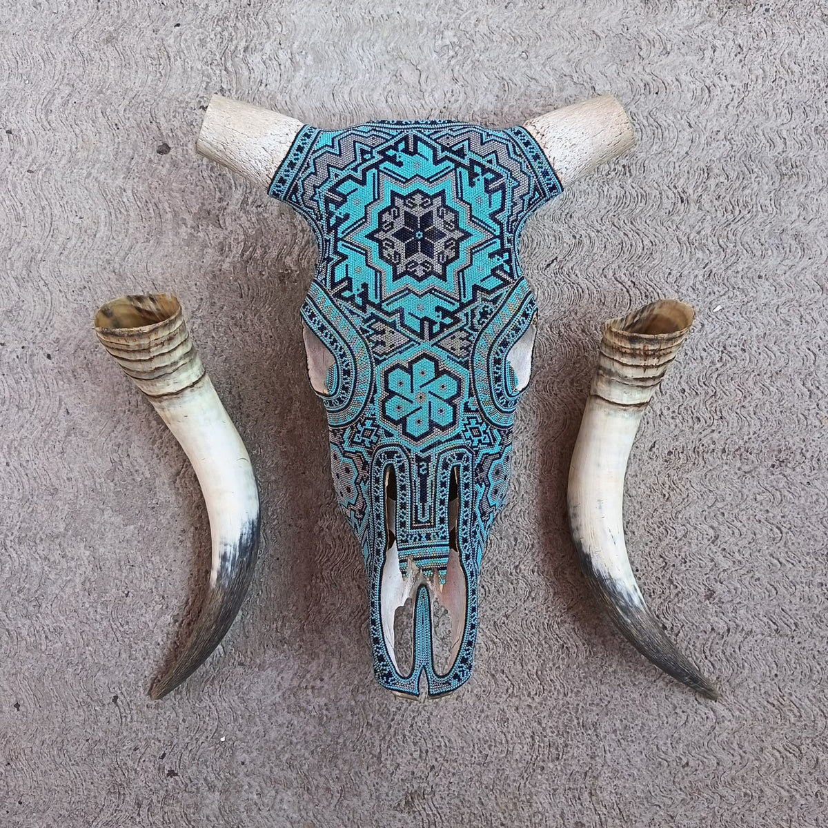 Huichol Indian Hand Beaded Bull Skull By Santos Bautista PP9517