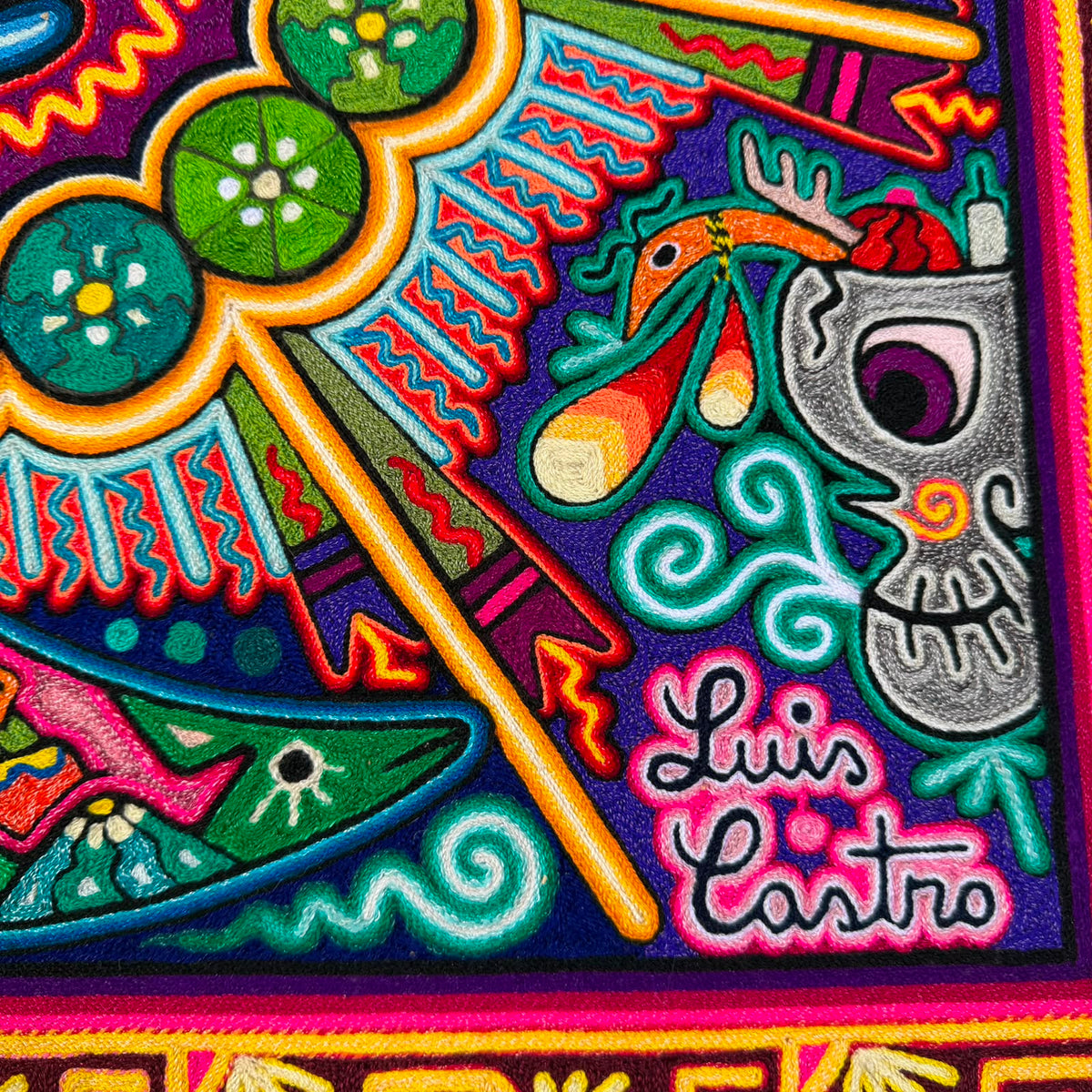 Mexican Folk Art Huichol Indian Yarn Painting by Luis Castro PP9551