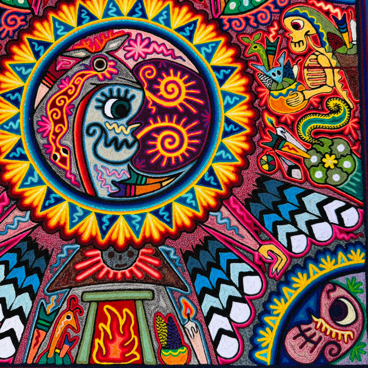 Mexican Folk Art Huichol Indian Yarn Painting by Luis Castro PP9558