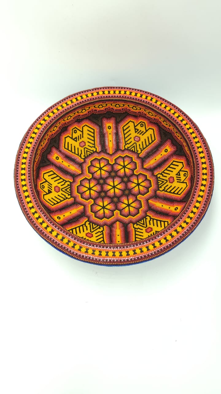 Huichol Hand Beaded Mexican Folk Art Platter By Mayola Villa Lopez