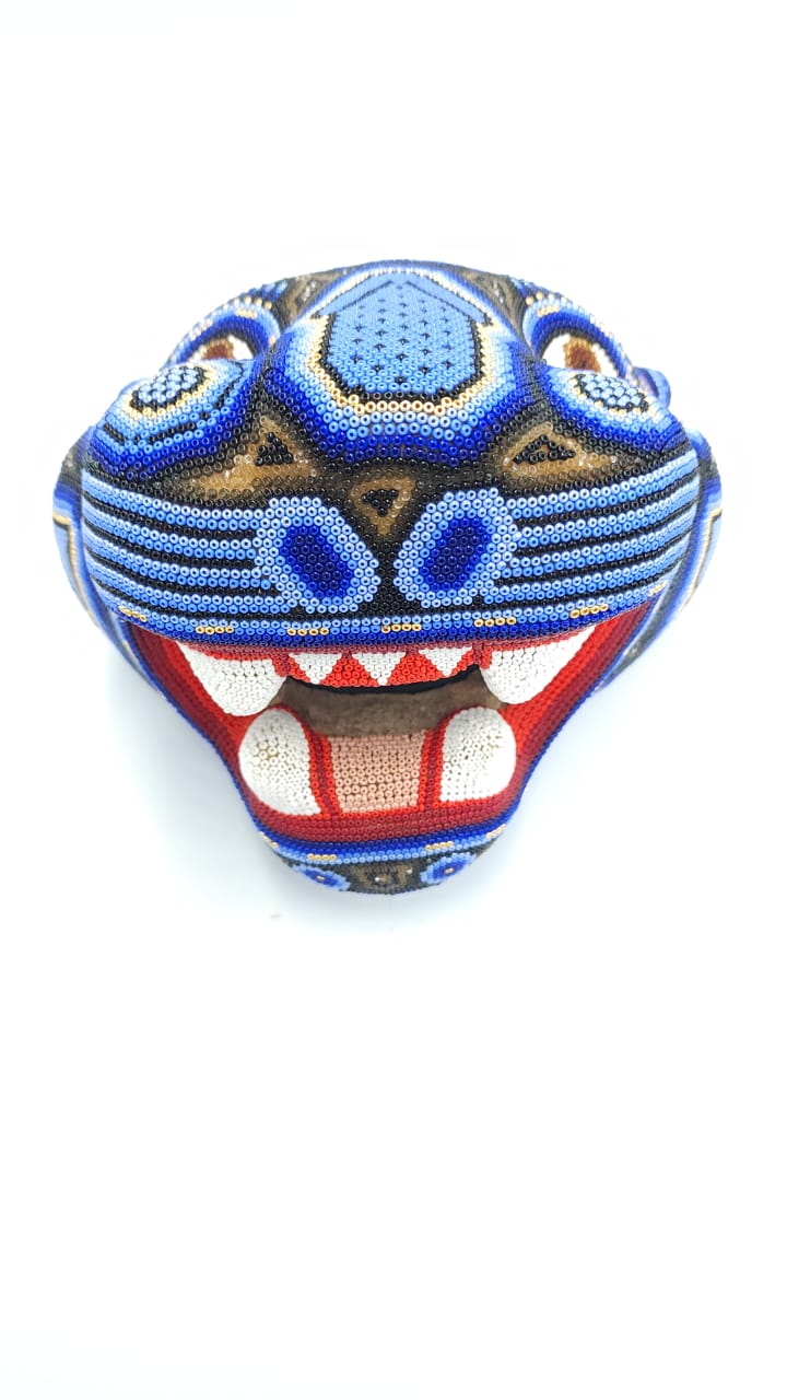 Mexican Huichol Beaded Jaguar Head By Mayola Villa PP5363