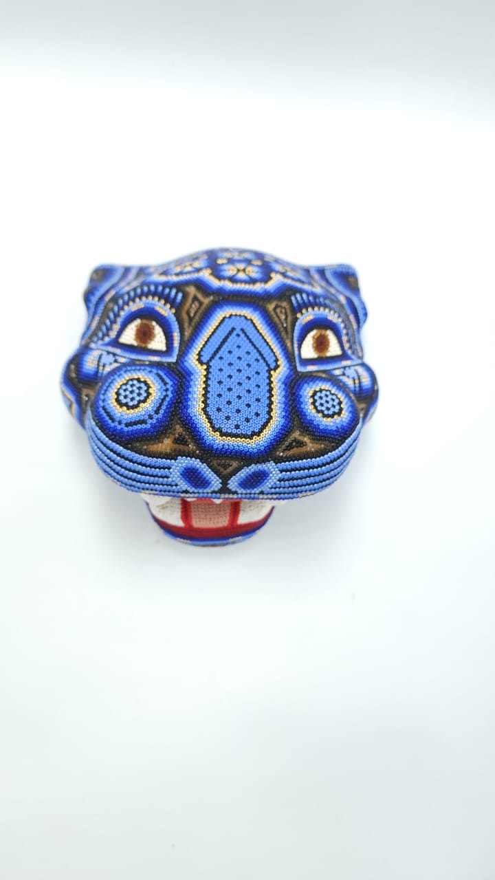 Mexican Huichol Beaded Jaguar Head By Mayola Villa PP5363