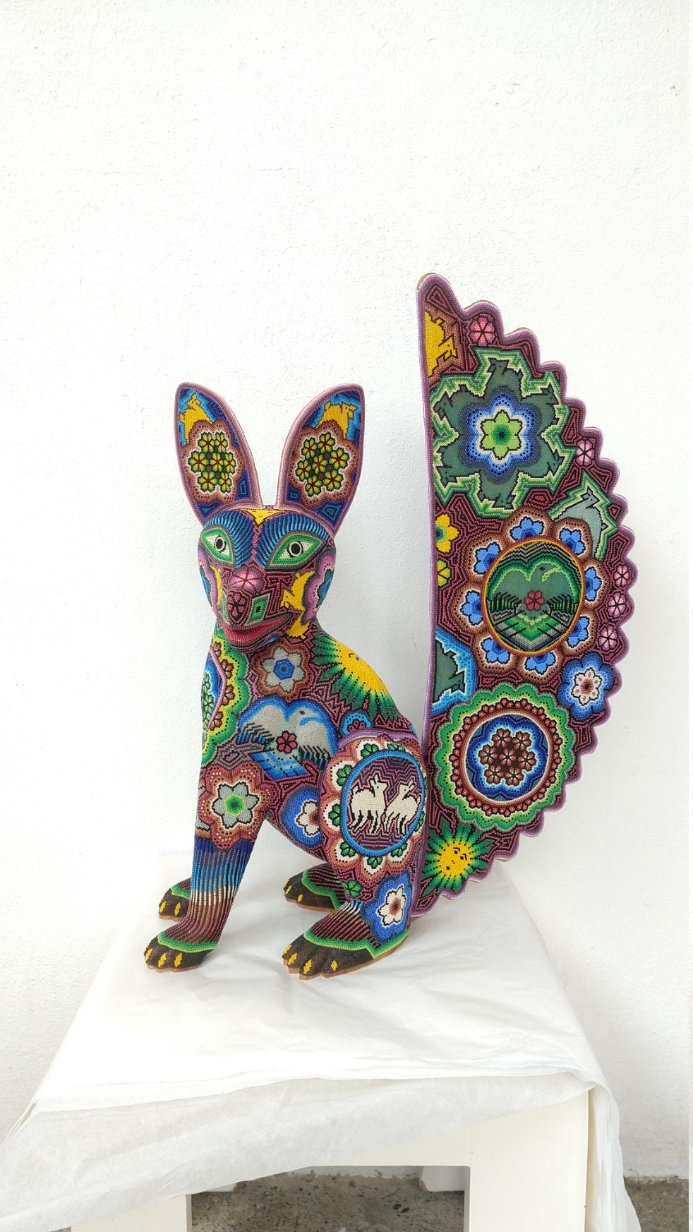 Hand Beaded Huichol Indian Mexican Folk Art Fox By Morelia Lopez PP2743