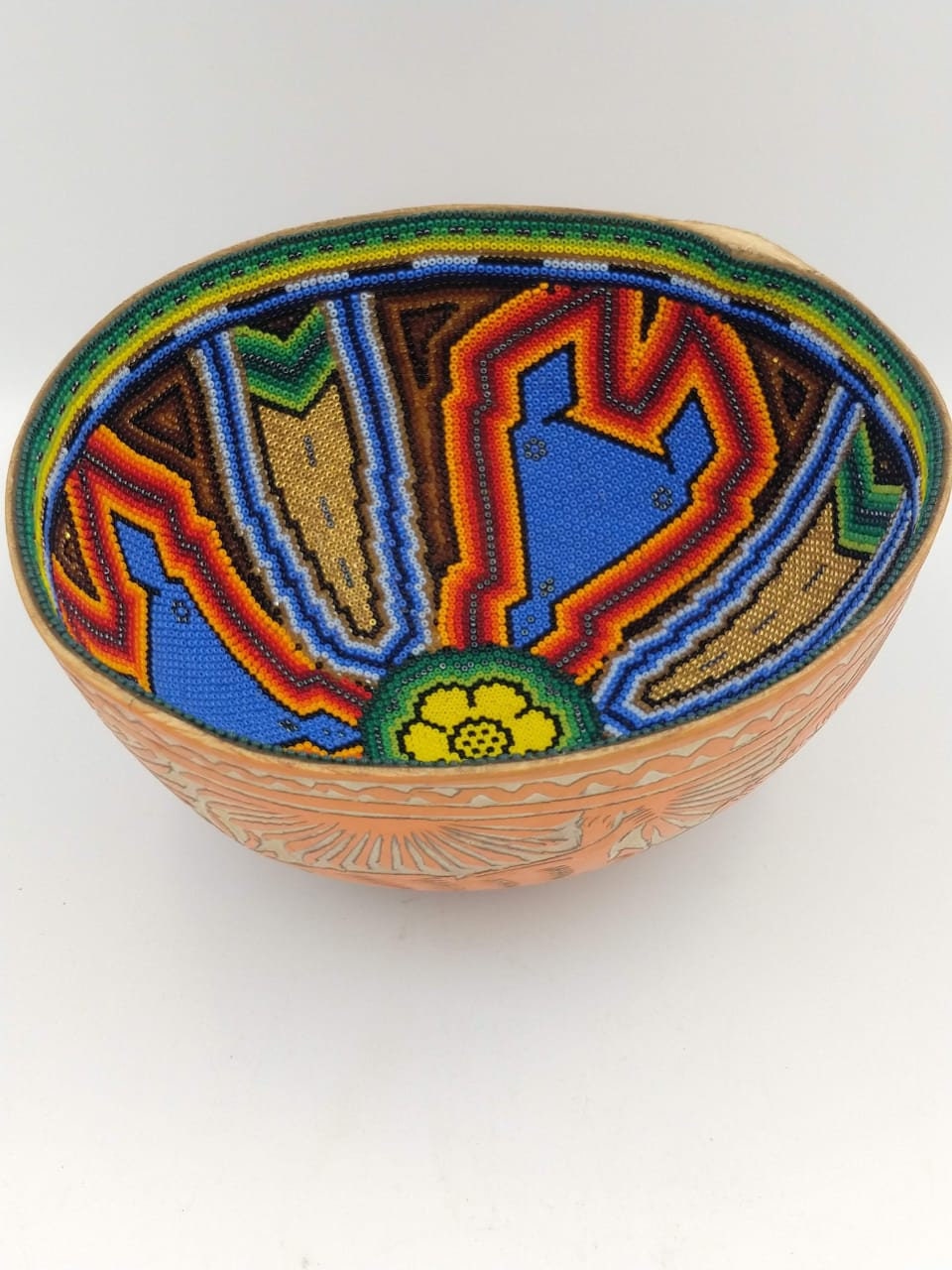 Hand Beaded Mexican Folk Art Bowl With Micro Beads By Mayola Villa Lopez PP3251