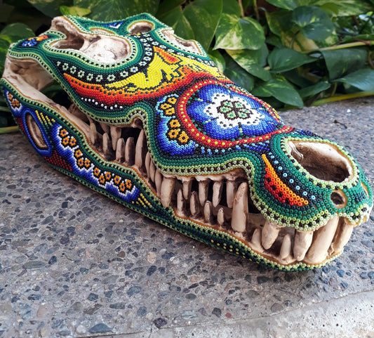 Huichol Mexican Folk Art Cast Resin Crocodile By Florencio Lopez PP716