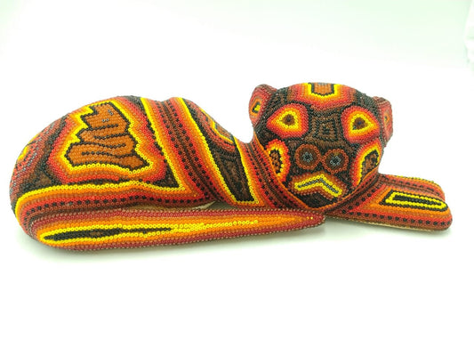 Huichol Hand Beaded Mexican Folk Art Cat By Mayola Villa Lopez PP4033