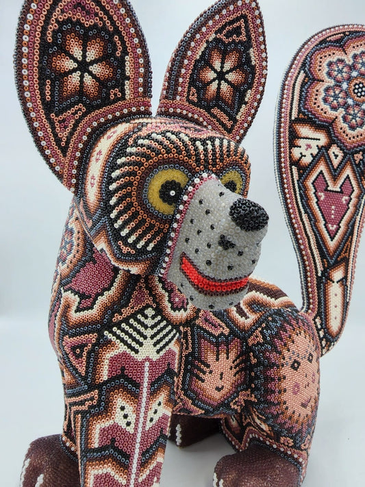 Huichol Mexican Folk Art Hand Beaded Dog By Florencio Lopez PP4696