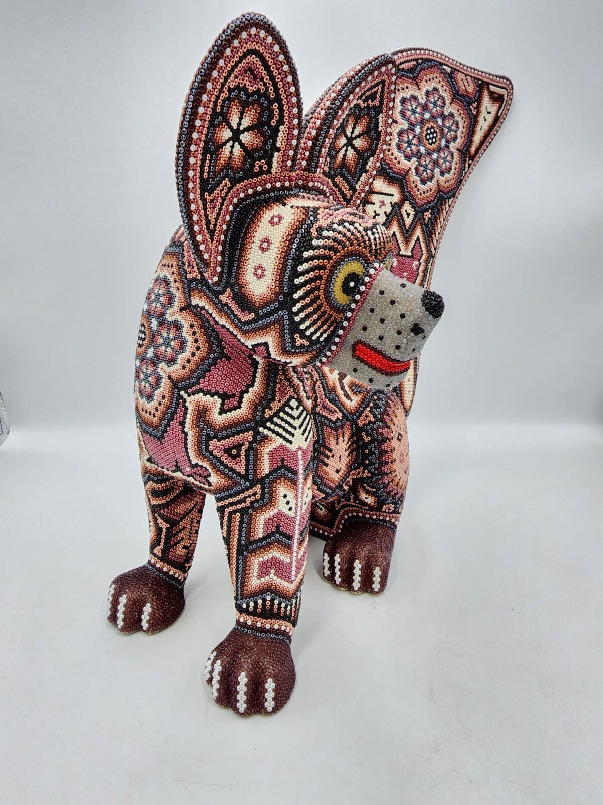 Huichol Mexican Folk Art Hand Beaded Dog By Florencio Lopez PP4696