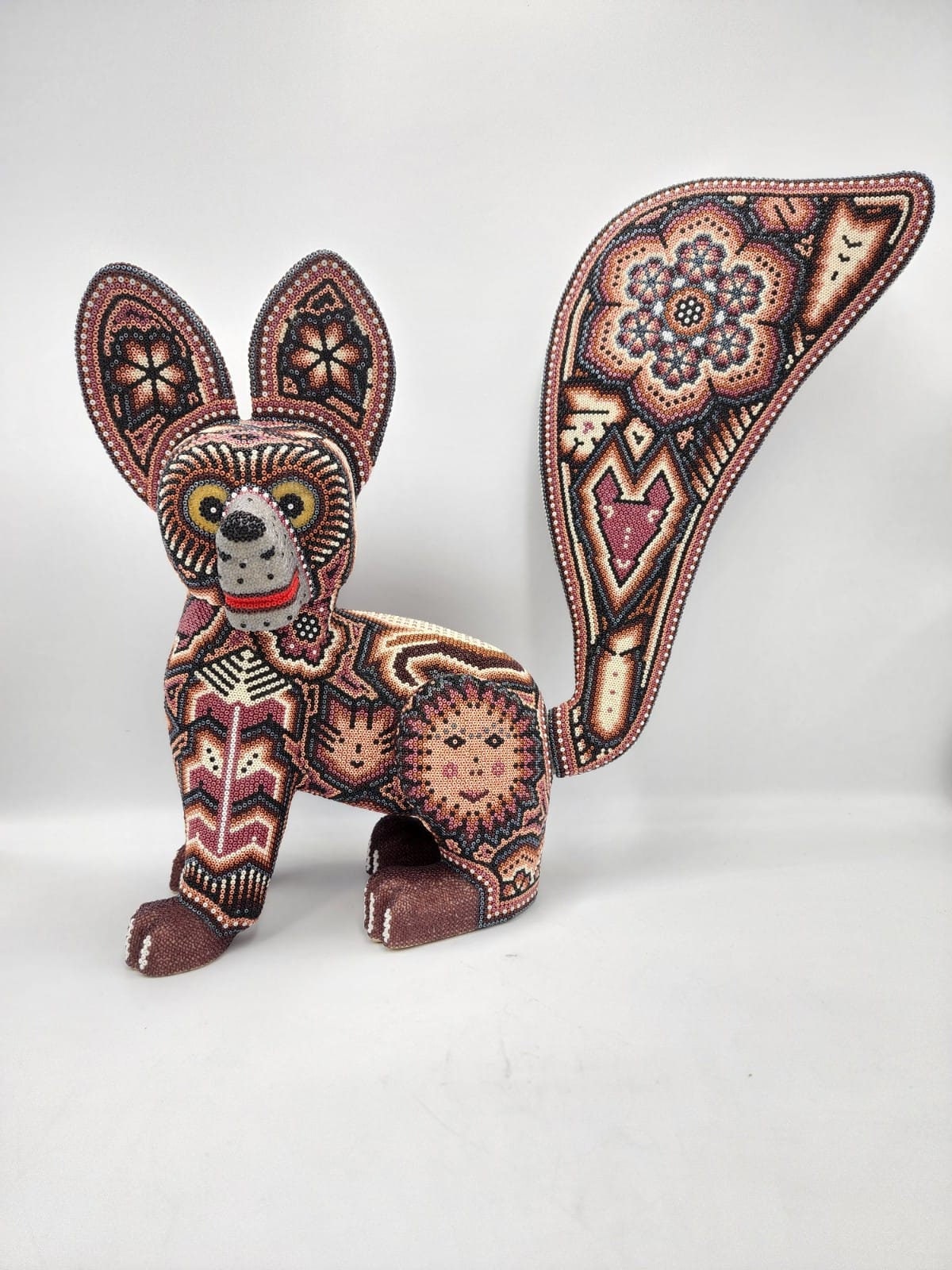 Huichol Mexican Folk Art Hand Beaded Dog By Florencio Lopez PP4696