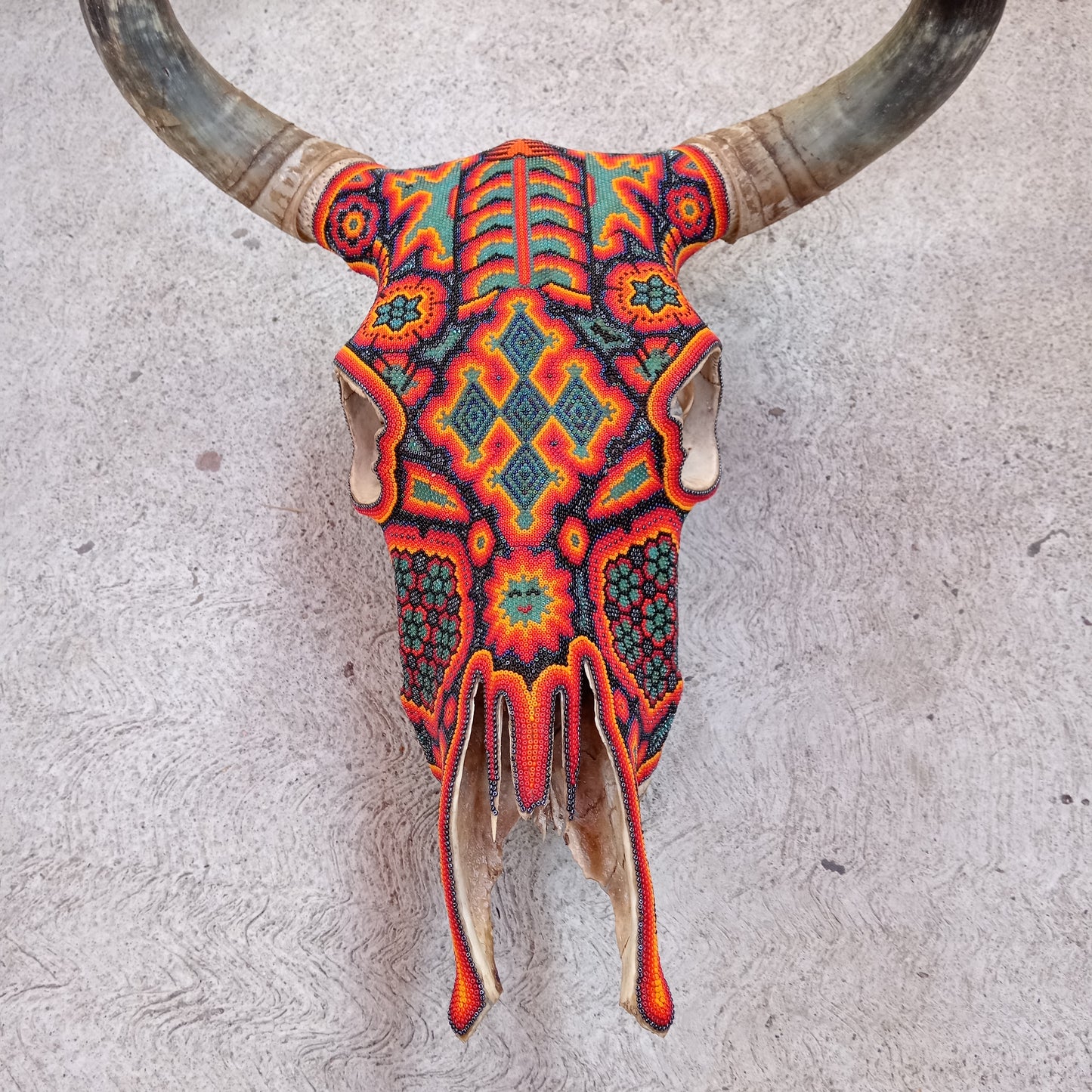 Exceptional Huichol Indian Hand Beaded Mexican Folk Art Authentic Bull Skull By Honorio Villa Lopez PP6889