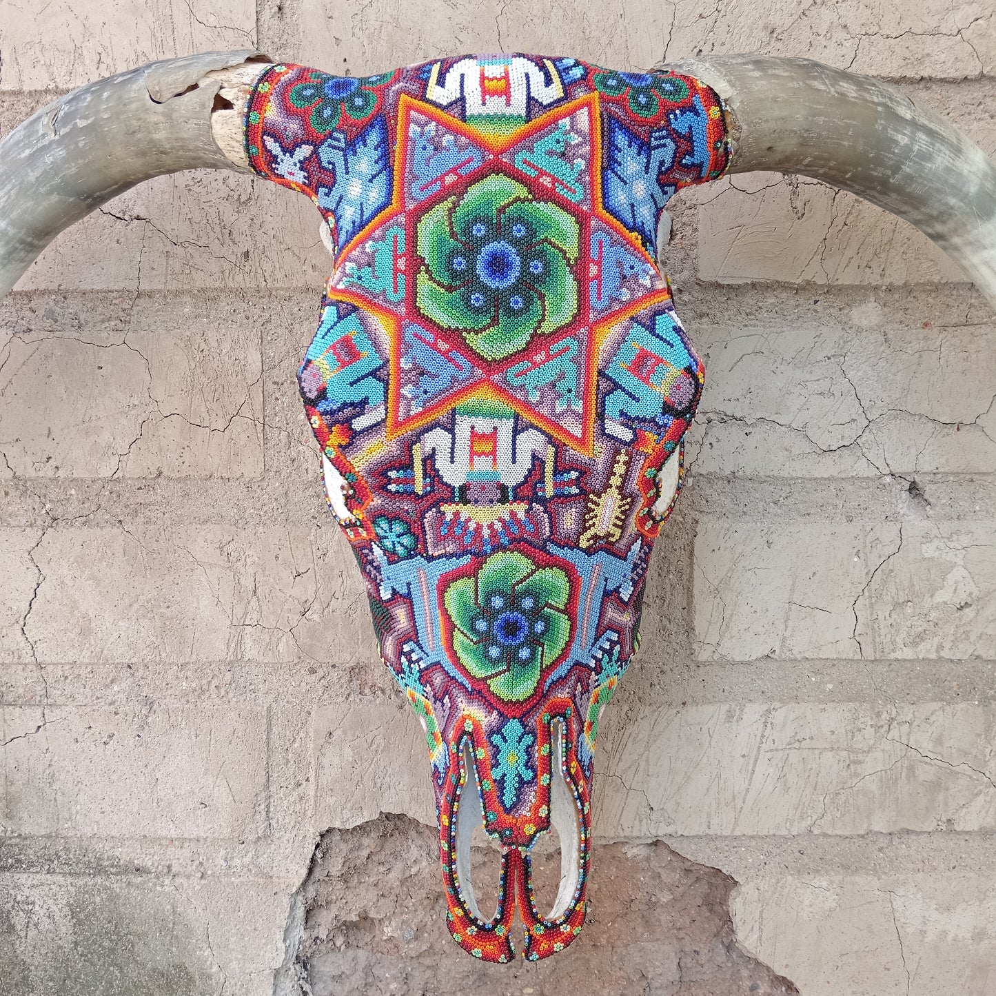 Exceptional Huichol Indian Hand Beaded Mexican Folk Art Authentic Bull Skull By Jose Manuel Ramirez  PP6997