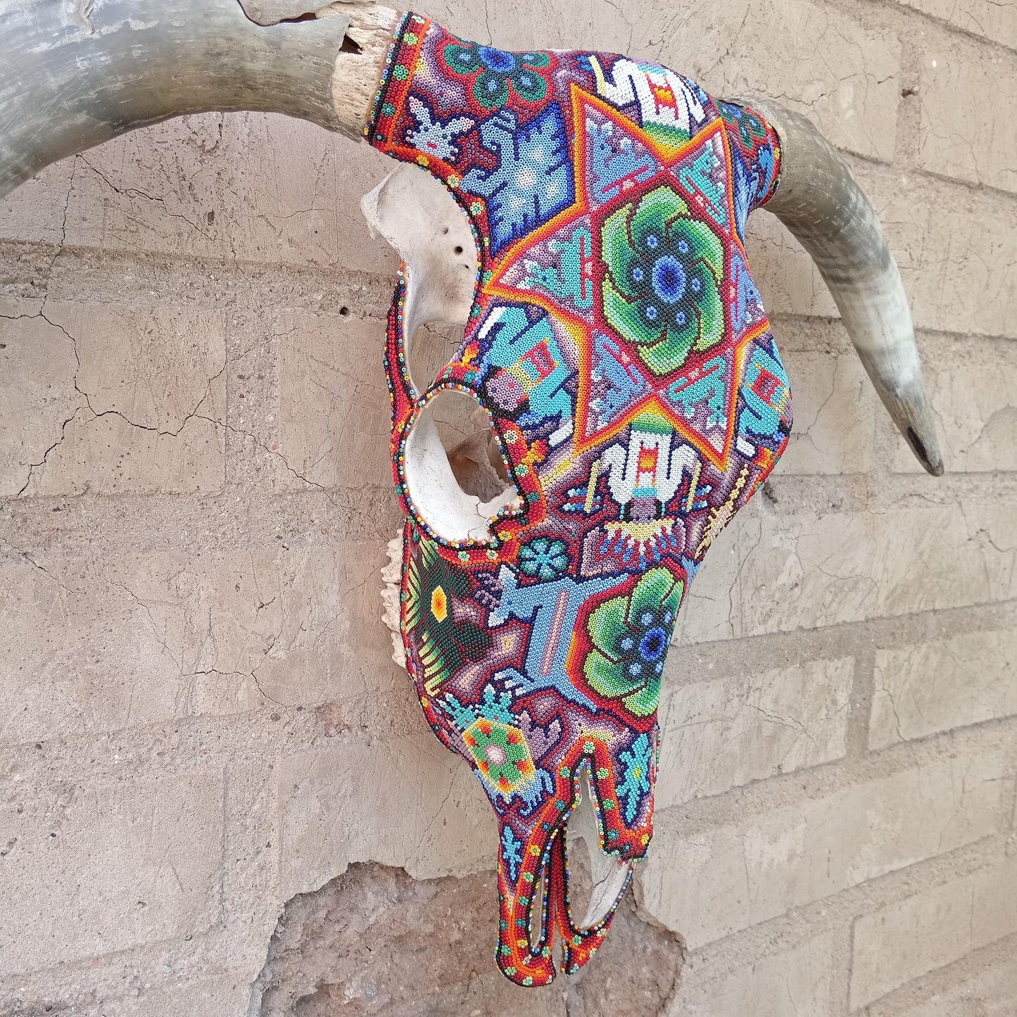 Exceptional Huichol Indian Hand Beaded Mexican Folk Art Authentic Bull Skull By Jose Manuel Ramirez  PP6997