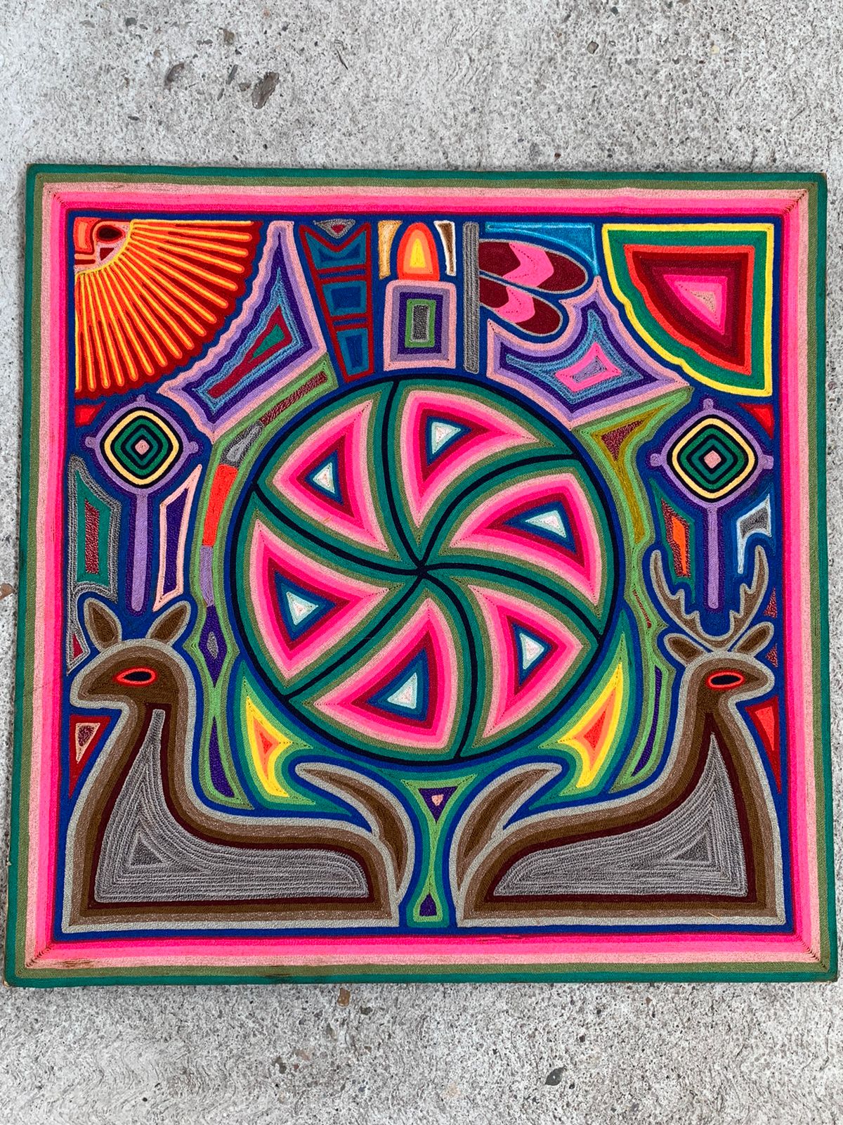 Huichol Indian Mexican Folk Art Yarn Painting by Jesus Jimenez PP5685