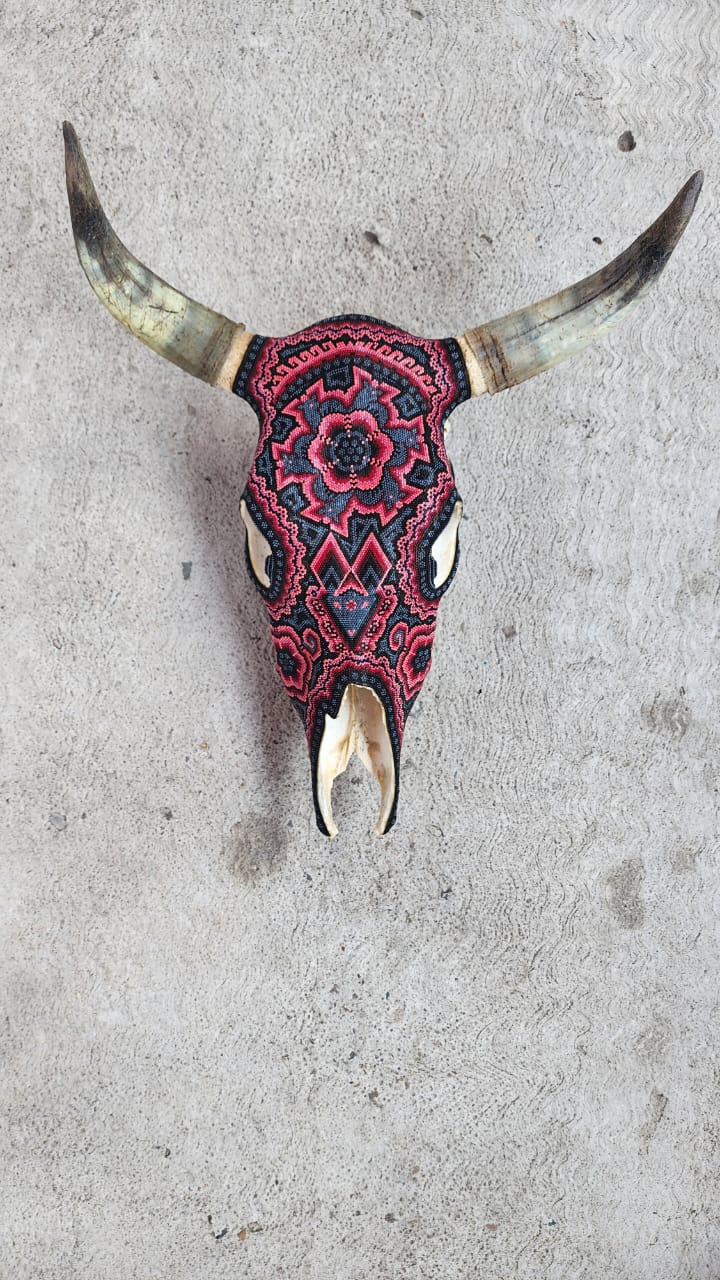 Huichol Indian Hand Beaded Bull Skull By Santos Bautista. PP5872