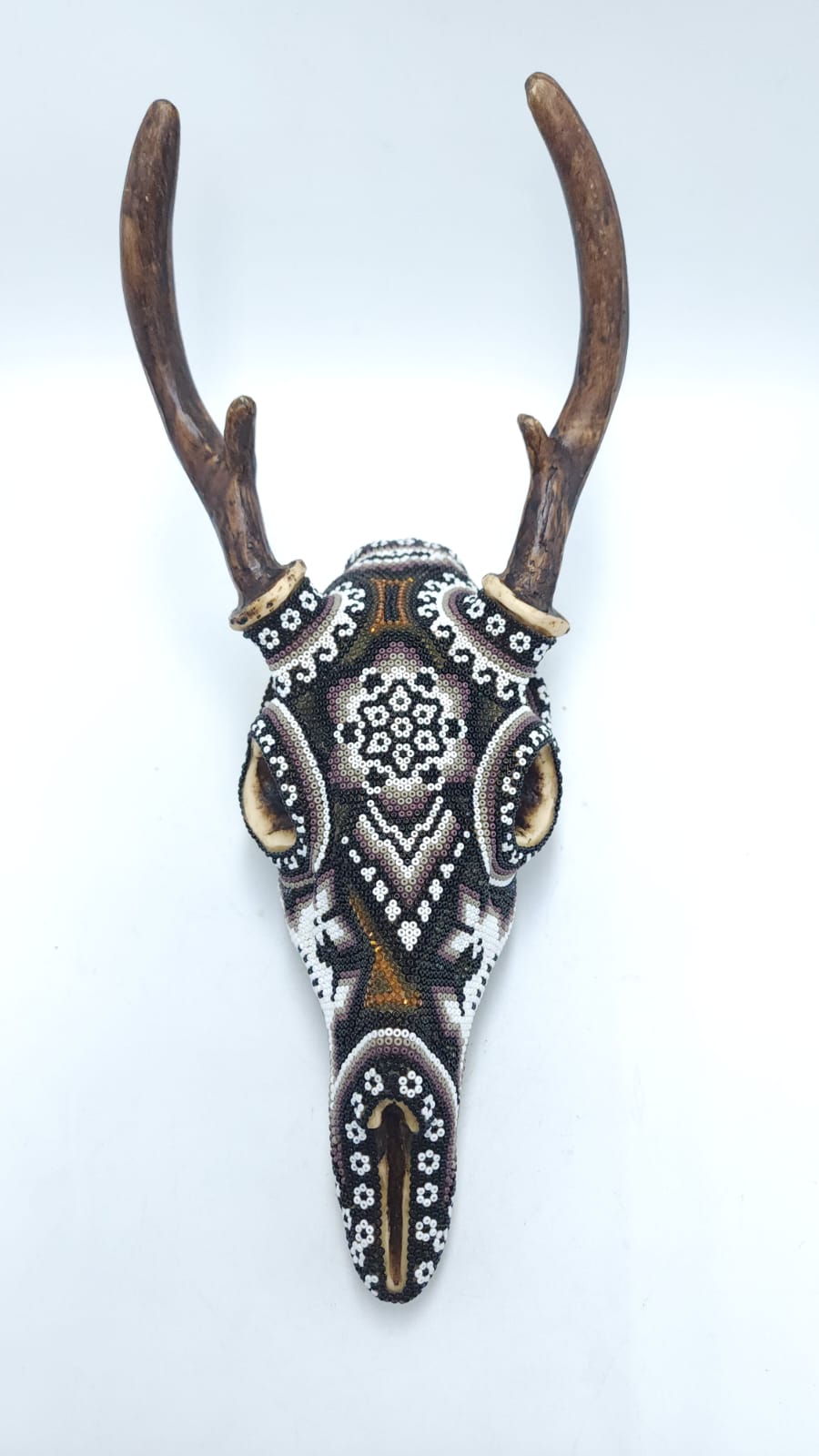 Huichol Indian Hand Beaded Cast Resin Copy of a Deer Skull  By Santos Bautista PP5876