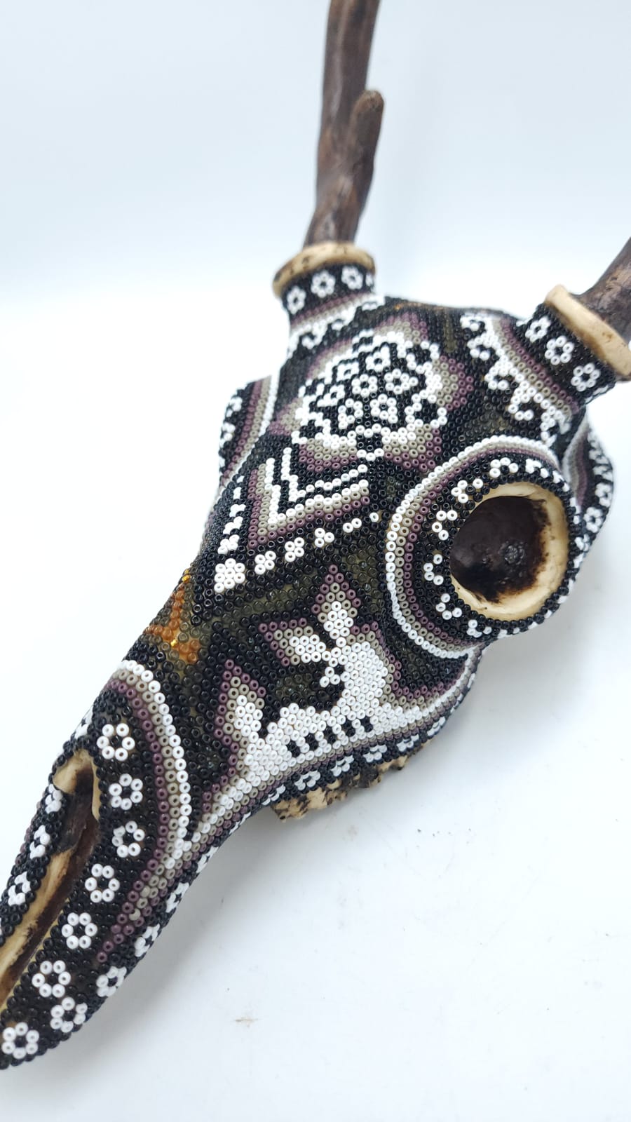 Huichol Indian Hand Beaded Cast Resin Copy of a Deer Skull  By Santos Bautista PP5876