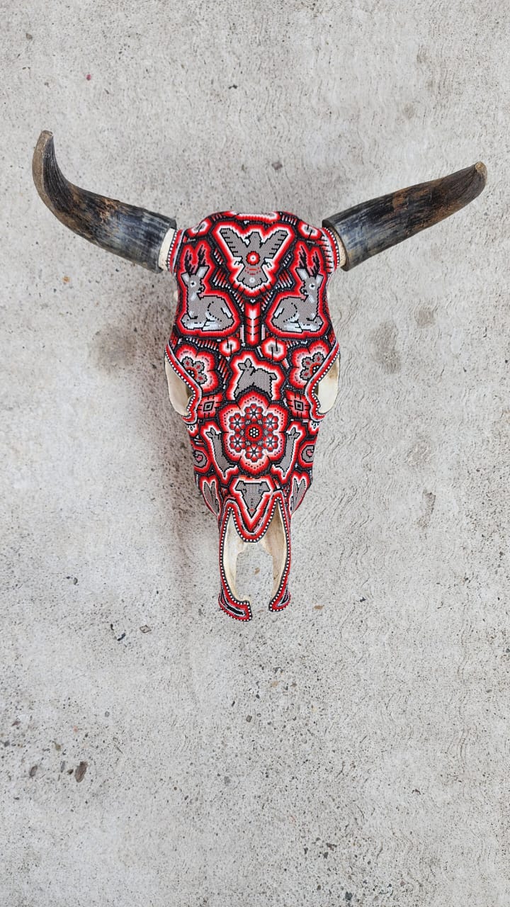Hand Beaded Huichol Mexican Folk Art Bull Skull By Isandro Villa Lopez PP5984