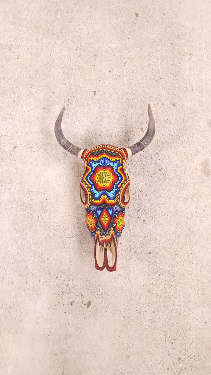 Outstanding Huichol Indian Hand Beaded Bull Skull By Santos Bautista. PP6004