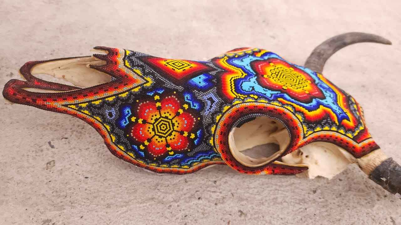 Outstanding Huichol Indian Hand Beaded Bull Skull By Santos Bautista. PP6004