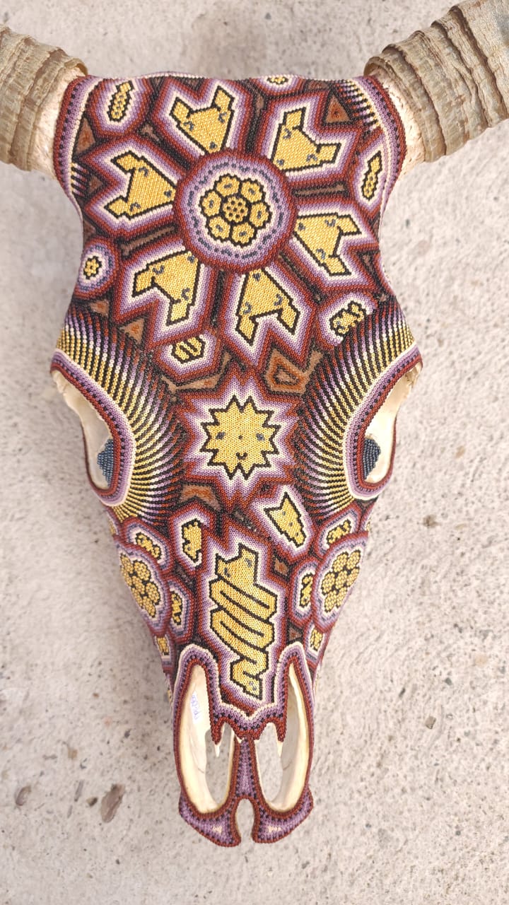 Huichol Hand Beaded Mexican Folk Art Authentic Bull Skull by Morelia  Lopez pp6088
