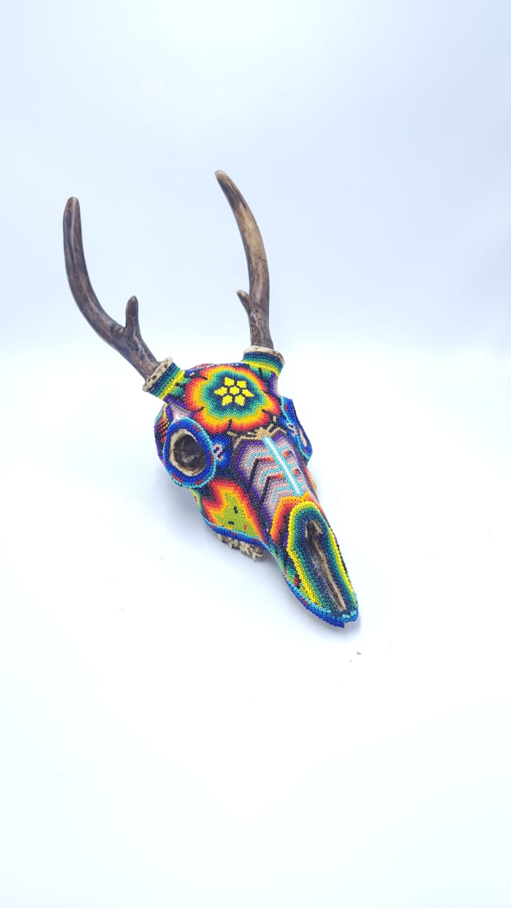 Huichol Hand Beaded Cast Resin Deer Skull By Honorio Lopez  PP6055