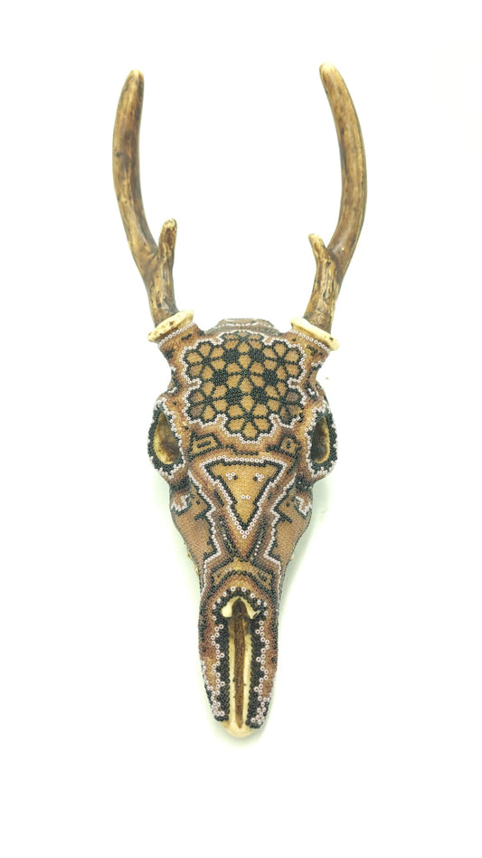 Hand Beaded Huichol Indian Mexican Folk Art Deer Skull, By Morelia Lopez. PP6142