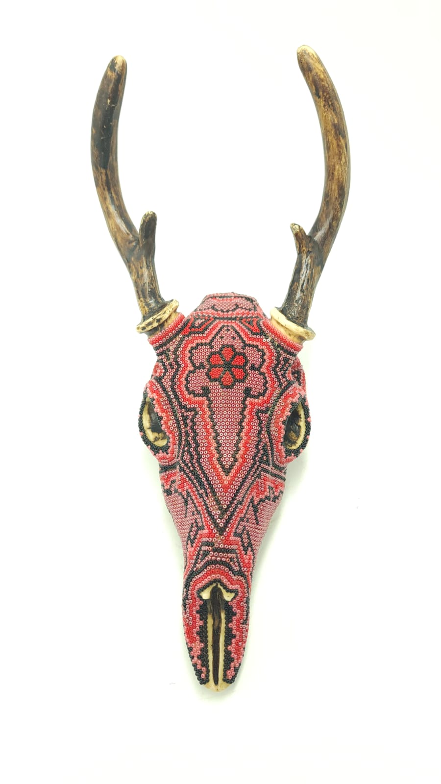 Hand Beaded Huichol Indian Mexican Folk Art Deer Skull, By Morelia Lopez. PP6144