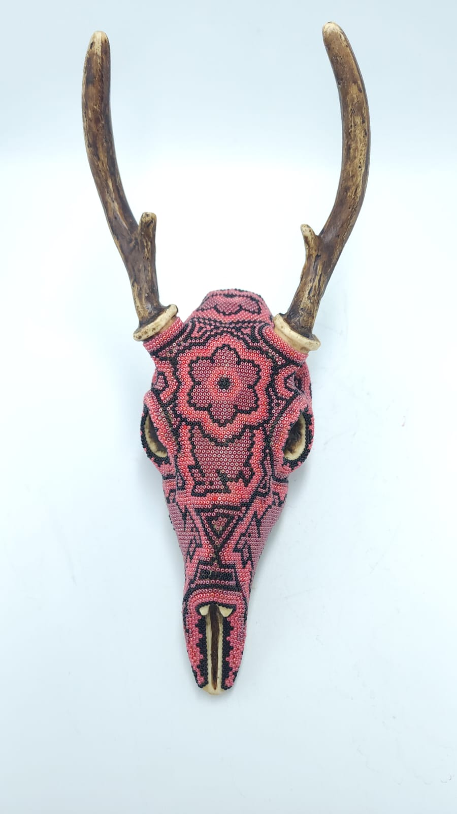 Hand Beaded Huichol Indian Mexican Folk Art Deer Skull, By Morelia Lopez. PP6141