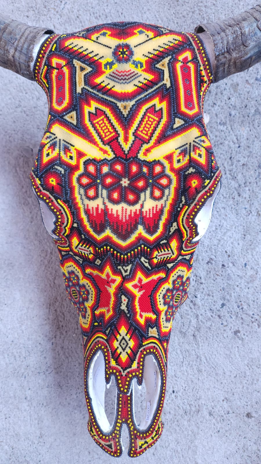 Hand Beaded Huichol Mexican Folk Art Bull Skull By Isandro Villa Lopez PP4681