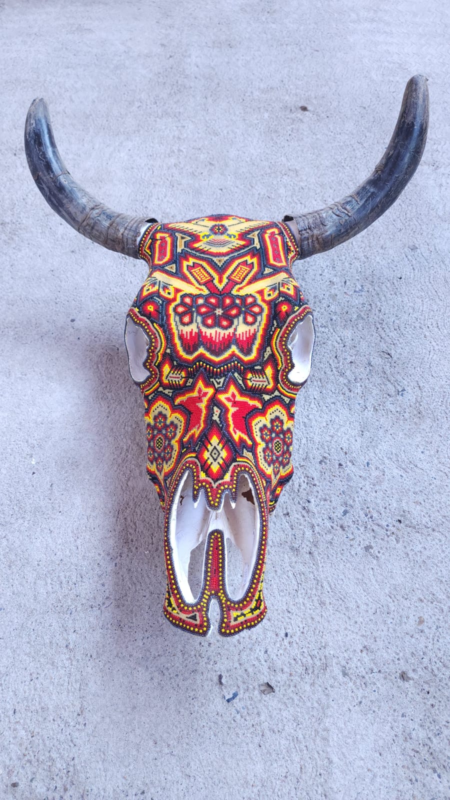 Hand Beaded Huichol Mexican Folk Art Bull Skull By Isandro Villa Lopez PP4681