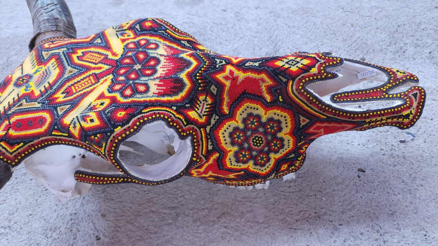 Hand Beaded Huichol Mexican Folk Art Bull Skull By Isandro Villa Lopez PP4681