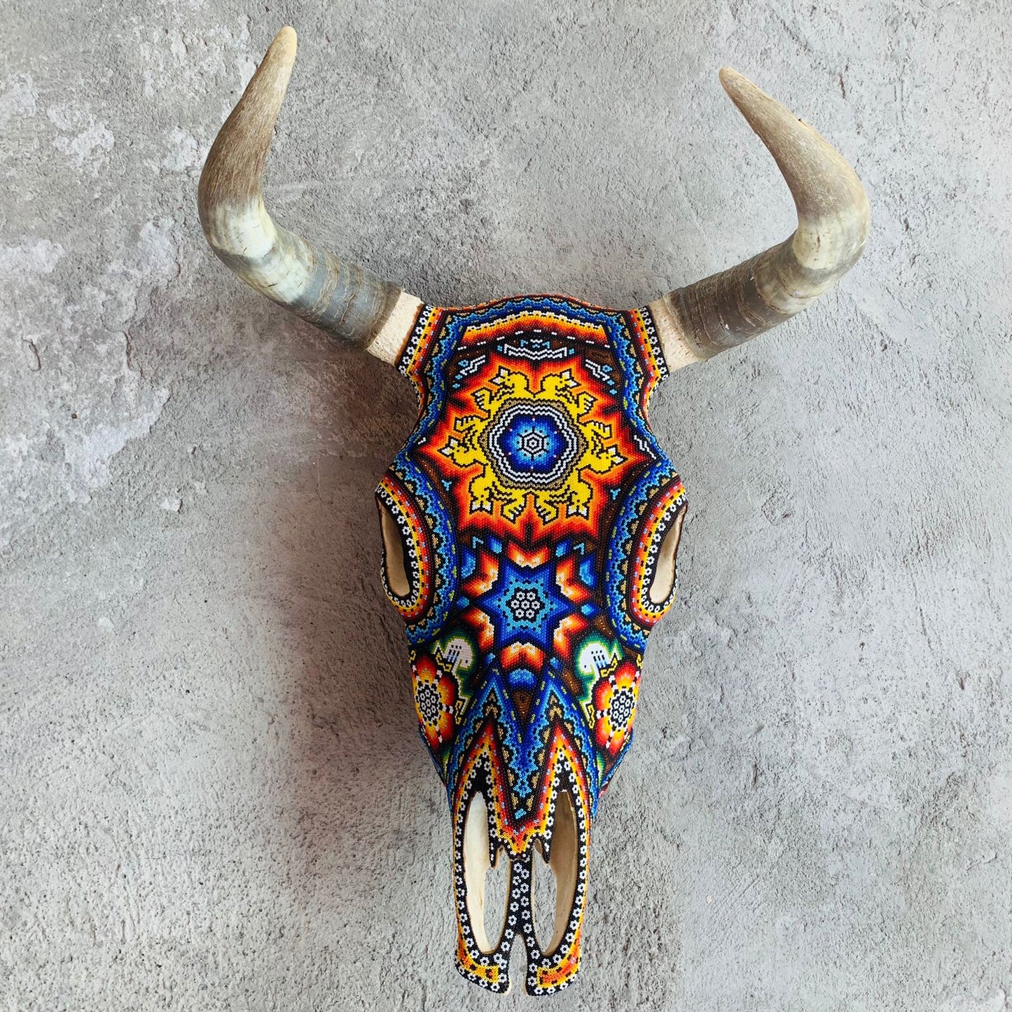 Outstanding Huichol Indian Hand Beaded Bull Skull By Santos Bautista. PP6249