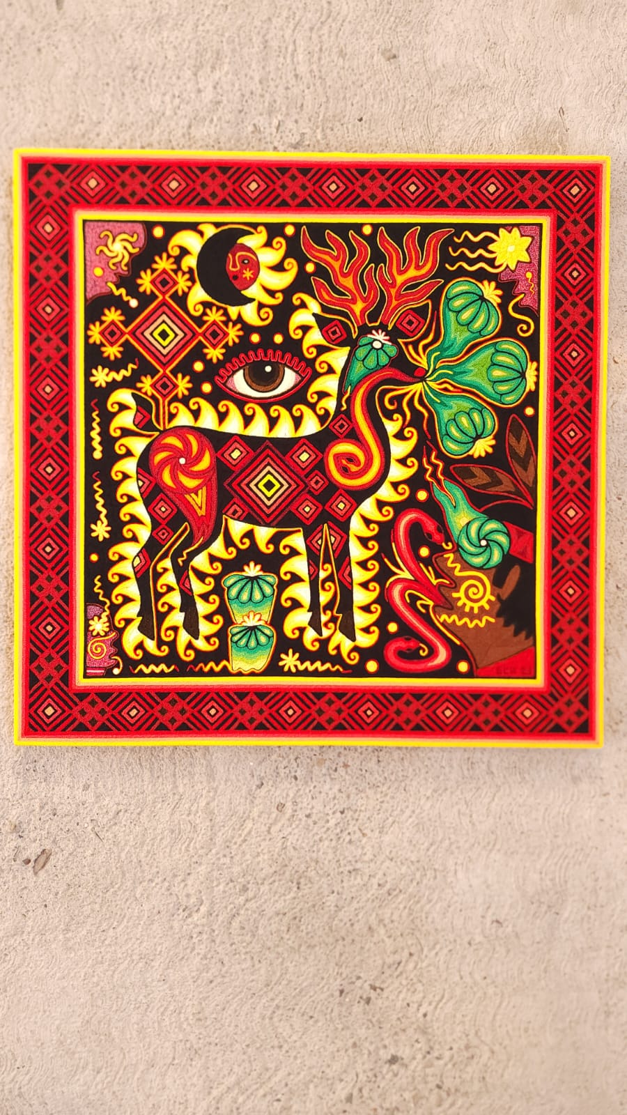Huichol Indian Mexican Folk Art Yarn Painting Excelente Castro PP6264