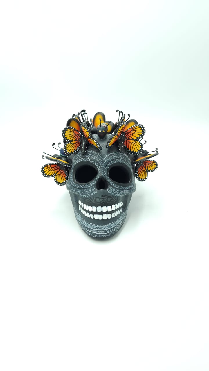 Extraordinary Day Of the Dead Ceramics Butterfly Human Skull By Alfonso Castillo Hernandez PY2 PP6575