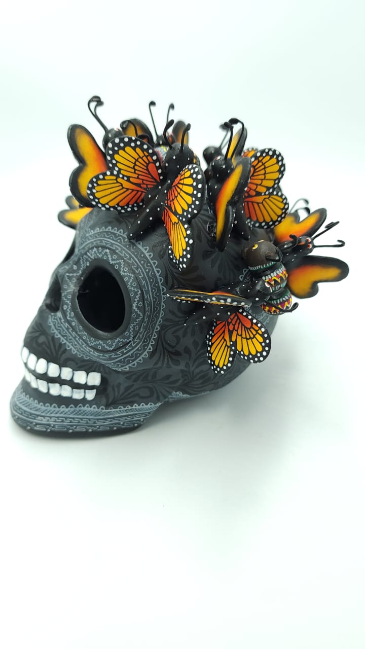 Extraordinary Day Of the Dead Ceramics Butterfly Human Skull By Alfonso Castillo Hernandez PY2 PP6575