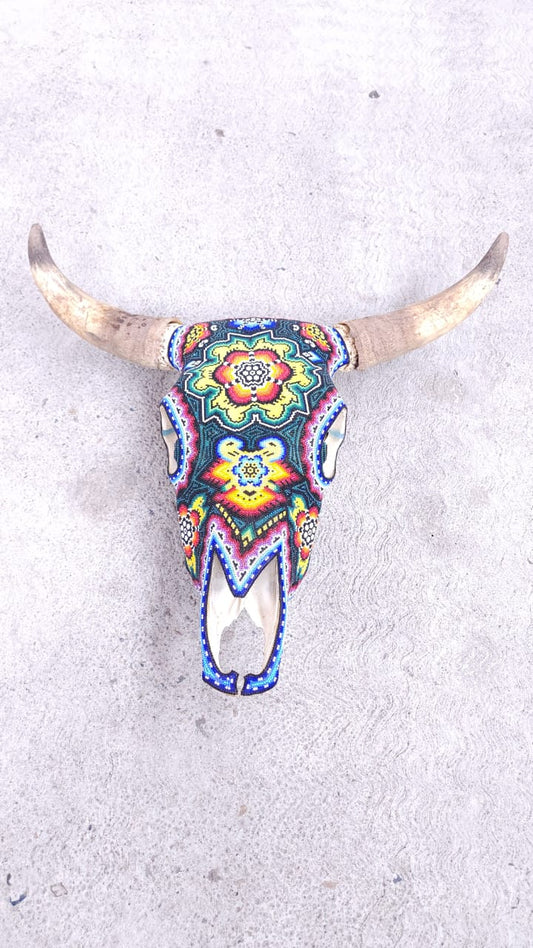 Hand Beaded Huichol Mexican Folk Art Bull Skull By Santos Bautista PP6701