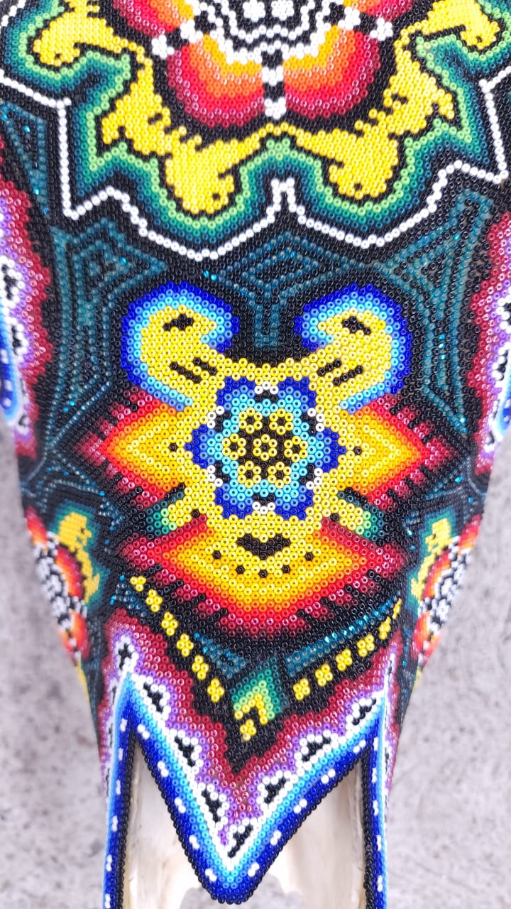 Hand Beaded Huichol Mexican Folk Art Bull Skull By Santos Bautista PP6701