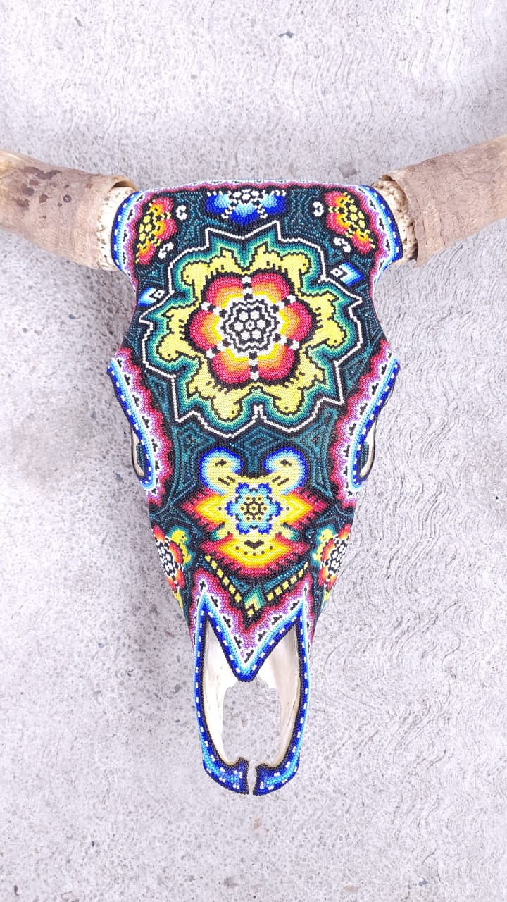 Hand Beaded Huichol Mexican Folk Art Bull Skull By Santos Bautista PP6701