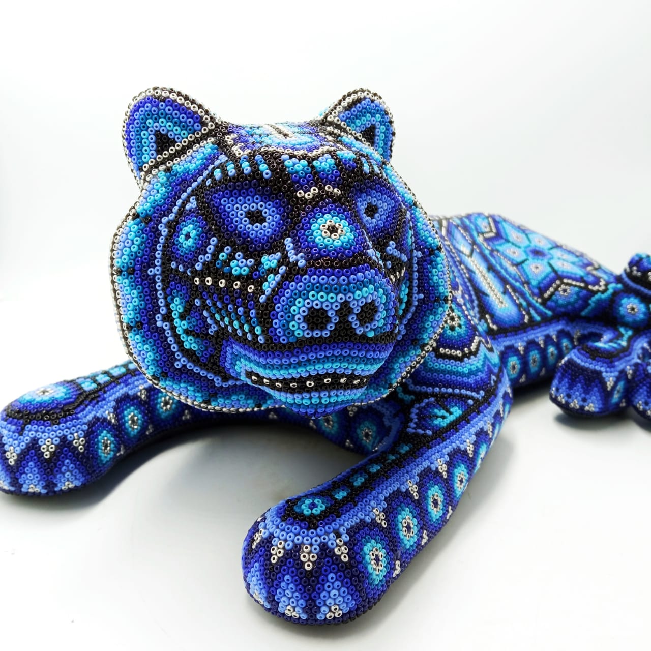 Mexican Folk Art Jaguar Paper Mache Form With  Glass Beads Glued Pemanently With Expoxy Glue  By Octaviano Lopez PP6715